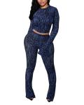 Kafiloe Club Outfits for Women Sexy 2 Piece Sets Going Out Mesh Long Sleeve Crop Top Bodycon Flare Pants Clubwear Navy Blue M