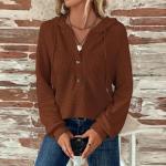 Sweatshirts For Women Button Down V-neck Waffle Knit Graphic Hoodies Streetwear Solid Fall Tops Curvy Drawstring Long Sleeve Pullover Travel Clothes Soft