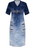 SUZONANA Plus Size Dresses for Women Casual Denim Print V Neck Short Sleeve Maxi Dress Trendy Jean Ripped Streetwear Long Curvy Fashion Party Sundress