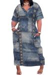 SUZONANA Plus Size Dresses for Women Casual Denim Print V Neck Short Sleeve Maxi Dress Trendy Jean Ripped Streetwear Long Curvy Fashion Party Sundress