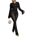 Kafiloe Club Outfits for Women Sexy 2 Piece Sets Going Out Mesh Long Sleeve Crop Top Bodycon Flare Pants Clubwear Black M