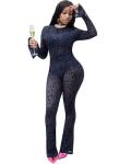 Kafiloe Club Outfits for Women Sexy 2 Piece Sets Going Out Mesh Long Sleeve Crop Top Bodycon Flare Pants Clubwear Navy Blue M