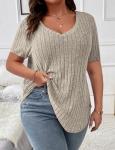 Koscacy Plus Size Clothes for Women Sexy V Neck Tops Shirts Khaki Short Sleeve Shirt Cute Outfits Streetwear Casual Tunic Top 3XL