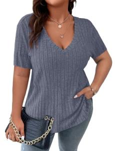 Koscacy Plus Size Clothes for Women Sexy V Neck Tops Shirts Grey Blue Short Sleeve Shirt Cute Outfits Streetwear Casual Tunic Top 3XL