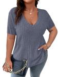 Koscacy Plus Size Clothes for Women Sexy V Neck Tops Shirts Grey Blue Short Sleeve Shirt Cute Outfits Streetwear Casual Tunic Top 3XL