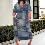 SUZONANA Plus Size Dresses for Women Casual Denim Print V Neck Short Sleeve Maxi Dress Trendy Jean Ripped Streetwear Long Curvy Fashion Party Sundress