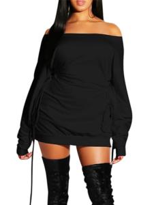 GOKATOSAU Women's Sexy Casual Off Shoulder Long Sleeve Lace Up Loose Club Mini Dress Black