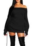 GOKATOSAU Women's Sexy Casual Off Shoulder Long Sleeve Lace Up Loose Club Mini Dress Black