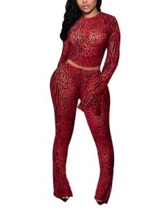 Kafiloe Club Outfits for Women Sexy 2 Piece Sets Going Out Mesh Long Sleeve Crop Top Bodycon Flare Pants Clubwear Red S