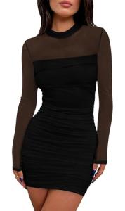 WIHOLL Womens Mesh Sheer Long Sleeve Ruched Mini Dress Fall Sexy Bodycon Little Short Sexy Nye Wedding Guest Semi Formal Cocktail Party Club Homecoming Dresses 2025 Black M