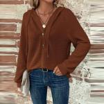 Sweatshirts For Women Button Down V-neck Waffle Knit Graphic Hoodies Streetwear Solid Fall Tops Curvy Drawstring Long Sleeve Pullover Travel Clothes Soft