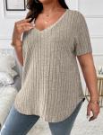 Koscacy Plus Size Clothes for Women Sexy V Neck Tops Shirts Khaki Short Sleeve Shirt Cute Outfits Streetwear Casual Tunic Top 3XL