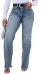 ZonJie Light Blue Jeans for Women High Waist Wide Leg Distressed Raw Hem Destroyed Straight Leg Stretchy Denim Pants,3058 Light Blue_Small