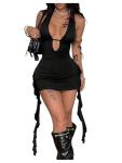 SOLY HUX Women's Sexy Halter Mini Dress Open Back Y2k Deep V Neck Backless Ruffle Fringe Bodycon Club Dresses Plain Black Small