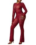 Kafiloe Club Outfits for Women Sexy 2 Piece Sets Going Out Mesh Long Sleeve Crop Top Bodycon Flare Pants Clubwear Red S