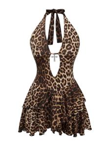 SOLY HUX Women's Leopard Print Halter Dress Y2k Gothic Deep V Cheetah Tie Backless Layered Ruffle Mini Dresses Brown Leopard Large