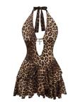 SOLY HUX Women's Leopard Print Halter Dress Y2k Gothic Deep V Cheetah Tie Backless Layered Ruffle Mini Dresses Brown Leopard Large