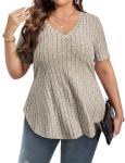 Koscacy Plus Size Clothes for Women Sexy V Neck Tops Shirts Khaki Short Sleeve Shirt Cute Outfits Streetwear Casual Tunic Top 3XL