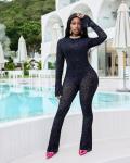 Kafiloe Club Outfits for Women Sexy 2 Piece Sets Going Out Mesh Long Sleeve Crop Top Bodycon Flare Pants Clubwear Navy Blue M
