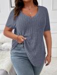 Koscacy Plus Size Clothes for Women Sexy V Neck Tops Shirts Grey Blue Short Sleeve Shirt Cute Outfits Streetwear Casual Tunic Top 3XL