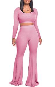 Women's 2 Piece Outfits Workout Tracksuit Long Sleeve Crop Top Sweatpants Pink