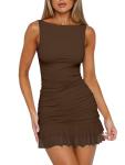 HOCILLE Women's Sexy Bodycon Boat Neck Mini Dresses Sleeveless Ruched Ruffle Hem Club Party Short Dress, Small, Coffee