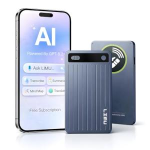 LIMU AI Voice Recorder Pro with App Control - 60h Battery, 64GB Metal AI Note Taking Device - GPT 5 Translation, Summaries & Mind Maps (125 Languages), 400 Min/Month - Digital Audio Recording Device