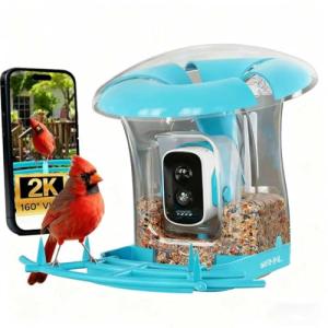 Smart Bird Feeder with Camera, Solar Powered 3 L Capacity, 2K HD AI Identify Bird Species, Weatherproof Auto Video Recording, Real-Time Alerts, Ideal Gift for Tech Lovers and Parents (Blue)