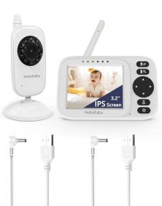 HelloBaby Monitor No WiFi Video Baby Monitor with Camera and Audio - 3.2" Screen, 2-Way Talk, Night Vision, 8 Lullabies,Temperature, Manual Baby Camera Adjustment,1000ft,ECO,USB Cable | HB2438 Upgrade