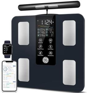 GE Smart Scale for Body Weight: 8-Electrode Digital Bathroom Scale for Weight Fat BMI Muscle Mass Full Body Composition Analyzer 50 Measurements Bluetooth Highly Accurate Weighing Machine 400lb Black
