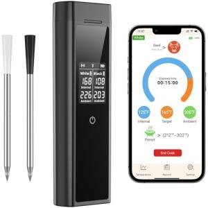 Smart Wireless Meat Thermometer Digital, 2 Probes, Advanced Bluetooth Food Thermometer for Cooking, IP67, Real-Time Monitoring & Smart Alerts with APP for BBQ, Grill, Oven, Smoker, Kitchen Gifts