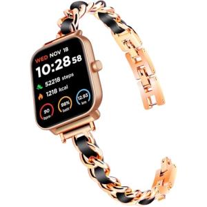 Slim Gold Bands Women Feminine Elegant Compatible with IDW13,IDW16,IDW19,IDW17 Smartwatch Band , Adjustable Metal Chain Bracelet Strap with Leather for Fitpolo/Woneligo W3 Smartwatch (Rosegold, 22mm size Band)