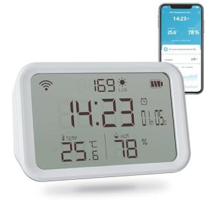 KIMPOK WiFi Thermometer Hygrometer, Smart Indoor Bluetooth Temperature Humidity Sensor with App Alerts, Temperature Humidity Time & Light Monitoring 4-in-1 Perfect for Greenhouse Home RV Wine Cellar