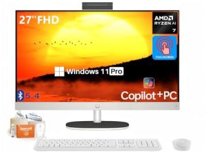 HP 27 Inch All in One Touchscreen Desktop Computer | AMD Ryzen AI 7 350 (Up to 5 GHz) | 64 GB DDR5, 4 TB SSD | FHD IPS Display | Copilot+ PC | Wi-Fi 6 | Windows 11 Pro | Wireless Keyboard and Mouse