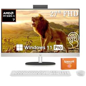 HP 27 inch FHD All in One Touchscreen Desktop Computer, AMD Ryzen AI 7 350 (8-Core), 64GB DDR5, 4TB SSD, Copilot AI, Wi-Fi 6, Bluetooth 5.4, Wireless Keyboard & Mouse, Windows 11 Pro, Accessories