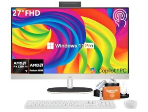 HP 27" All-in-One FHD Touchscreen Desktop Computer, AMD Ryzen AI 7 350(8-Core), 64 GB DDR5-5600 RAM, 4 TB SSD, AMD Radeon 860M GPU, Wi-Fi 6, BT 5.4, Windows 11 Pro, Copilot+ PC, Wireless KB and Mouse