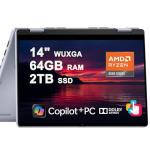 Dell Inspiron 14 7445 2-in-1 Laptop 14" WUXGA Comfortview Touchscreen AMD 6-core Ryzen 5 8640HS (>i7-1355U) 64GB RAM 2TB SSD Backlit for Creator Business Professional Work Win11