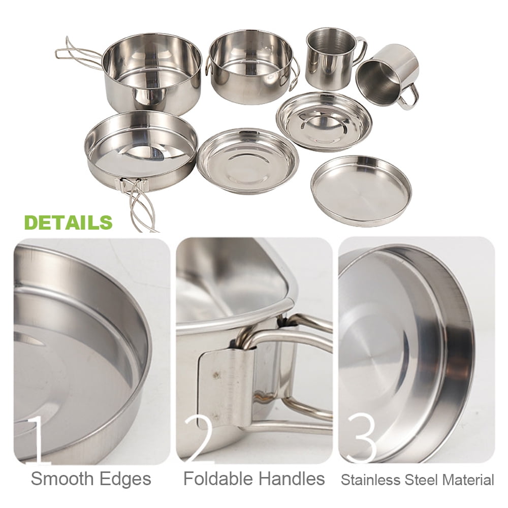 Stainless Steel Camping Cookware Set, 8 Pieces