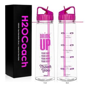 H2OCOACH Motivational Hydration Water Bottle, Fitness Sports Tritan Bottle with Straw, Gym Workout Reminder for Better Hydration Water Intake with Time Marker and Measurements, BPA-Free (30 Oz)