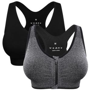 Women's Zip Front Sports Bra - Wireless, Padded, Post-Surgery, Racerback, Workout & Yoga Bra Top 2 Pack