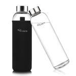 Ryaco Borosilicate Glass Water Bottle 33oz/1L/1000ml BPA-Free Leak Proof Ideal for School Home Office Travel Sport Yoga Gym Hot Cold Drinks with Portable Neoprene Carrying Sleeve and Sponge Brush