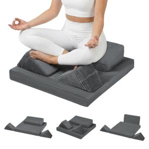 PRIMEPATIO Meditation Cushion, Meditation Pillow for Sitting on Floor, Large Yoga Zabuton Pillows Washable, Zafu Set with 2 Knee Supports, 3 Shapes for Comfortable Sitting, Dark Grey