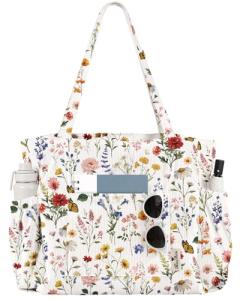 Miss Adola Corduroy Tote Bag for Women - Large Capacity Reusable Shoulder Bags with Zipper Multi-Pocket Design Cute Handbags for Work, School, Travel, and Daily Use, Vintage Flower