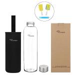 Ryaco Borosilicate Glass Water Bottle 33oz/1L/1000ml BPA-Free Leak Proof Ideal for School Home Office Travel Sport Yoga Gym Hot Cold Drinks with Portable Neoprene Carrying Sleeve and Sponge Brush