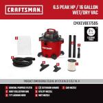 CRAFTSMAN CMXEVBE17595 16 Gallon 6.5 Peak HP Wet Dry Vac, Heavy-Duty Shop Vacuum Wet and Dry with Filter, Dust Bag, Hose and Attachments for Home Projects & Renovations