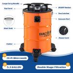 BACOENG 5.3-Gallon Ash Vacuum with Double Stage Filtration System, 10 Amp Ash Vacuum for Pellet Stoves with 1200W Powerful Suction, 5FT Metal Hose and 360° Rotating Wheel