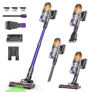 COTIAR Cordless Vacuum Cleaner,500W 40KPa 120Mins Runtime with 2 Batteries,Anti-Tangle Stick Vacuum with Green Light,Rechargeable Wireless Vacuum for Pet Hair/Carpet/Hardwood Floor,Purple