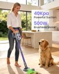 COTIAR Cordless Vacuum Cleaner,500W 40KPa 120Mins Runtime with 2 Batteries,Anti-Tangle Stick Vacuum with Green Light,Rechargeable Wireless Vacuum for Pet Hair/Carpet/Hardwood Floor,Purple
