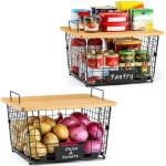 XXL Stackable Wire Baskets with Bamboo Tops