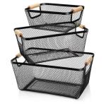 3 Pack Metal Mesh Baskets with Wooden Handles